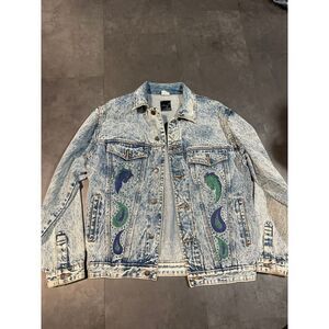 Vintage Denim Jacket with Paisley Print Acid Wash Retro 90s Style‎  B-217